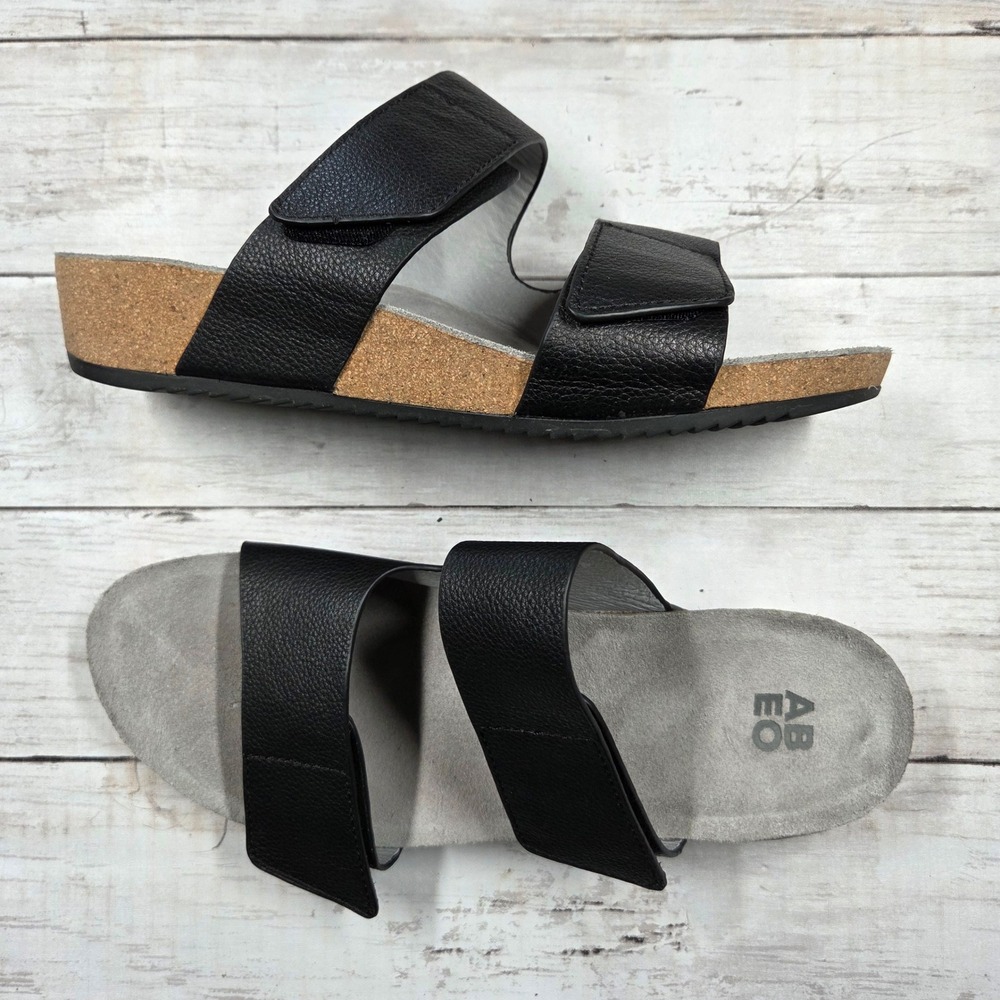 ABEO Sandals Women 10N Black Gabie Leather Cork Wedge Adjustable Slide ADGW53478